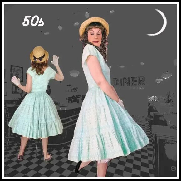 Vintage Rockabilly Dress Fit & Flare Aqua Cotton Eyelet 50s New Look VFG - Picture 1 of 16